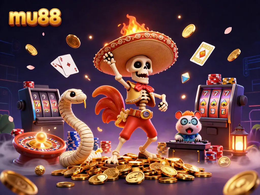 Experience thrilling gaming action at mu88 with vibrant casino characters celebrating