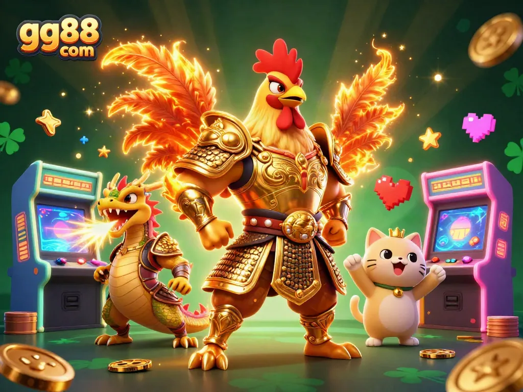 Experience the thrill of gg88 com with a captivating illustration of a golden warrior rooster in a dynamic casino atmosphere.