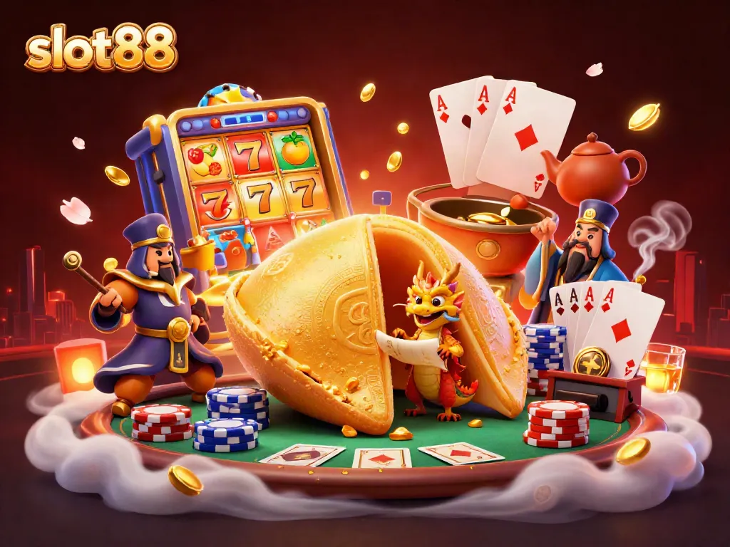Engage with slot88 excitement featuring a fortune cookie revealing secrets and dragons amidst vibrant casino elements.