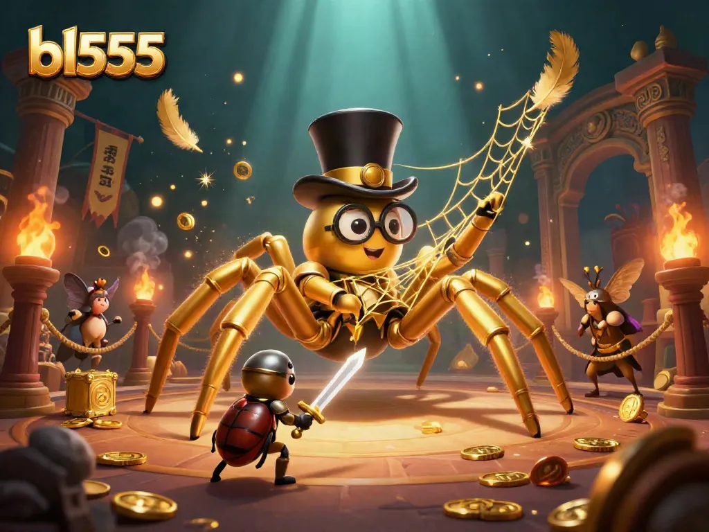 Experience thrilling action in bl555 with a 3D golden tarantula weaving a web of luck in a dynamic casino scene.