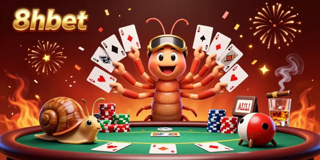 Engaging scene with the 8xbet dealer, snail high-roller, and excited pill bug amidst dynamic poker gameplay visuals.
