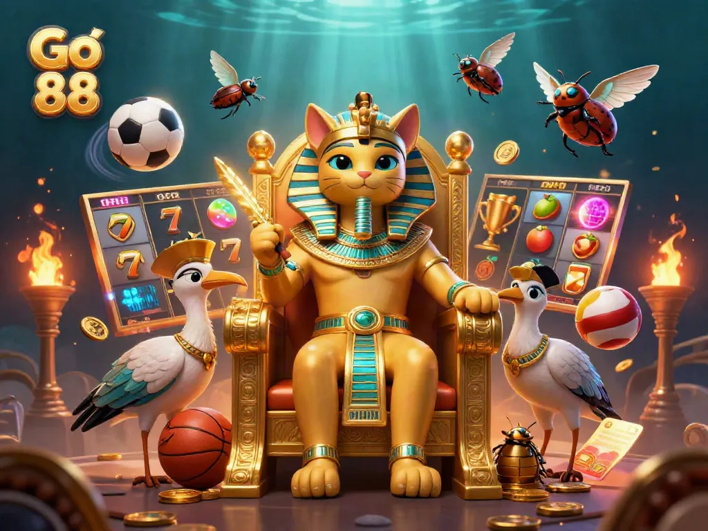 Bet on Go 88 with the Egyptian pharaoh cat and dynamic gambling elements in a vibrant casino scene.