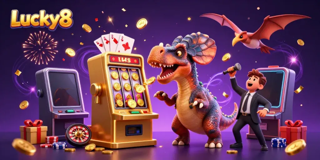 Lucky8 brings excitement as a pachycephalosaurus bursts a slot machine, collecting golden coins.