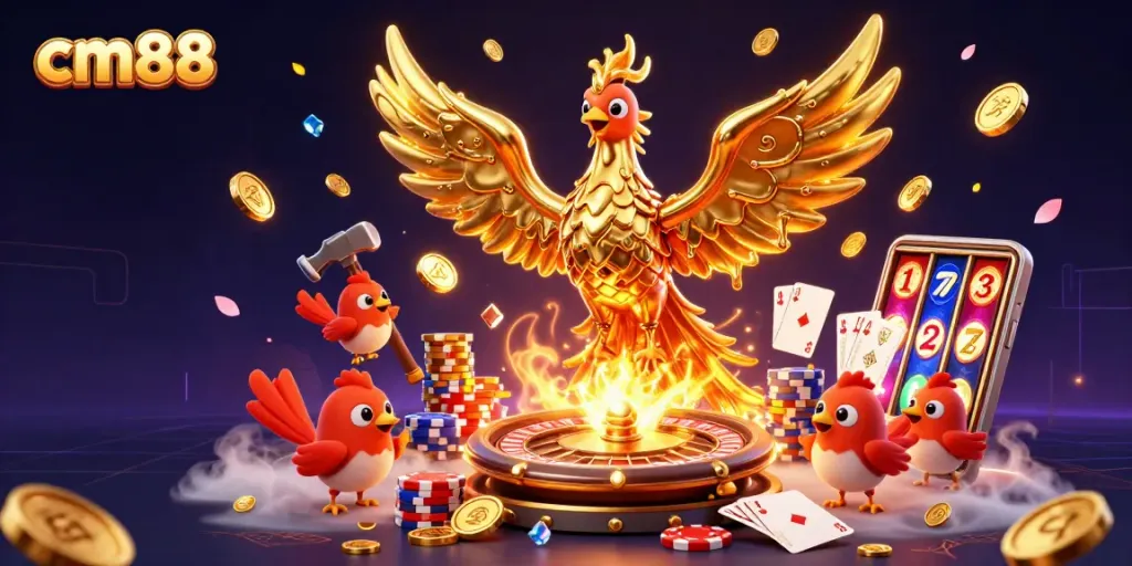Experience thrilling gameplay at cm88 with a golden phoenix and casino elements illuminating the scene.
