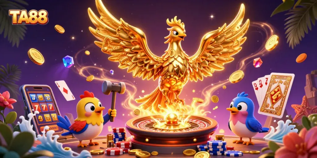 Experience the thrill of TA88 with a vibrant 3D illustration of a molten phoenix among casino elements.