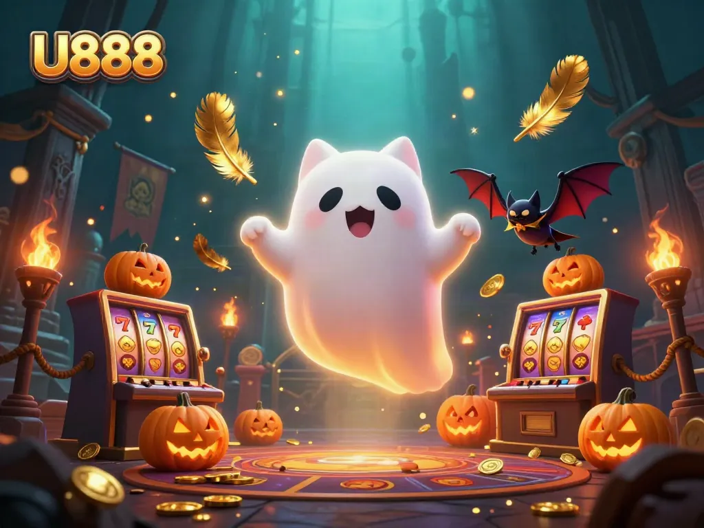 Engage with U888 at a vibrant casino scene featuring a ghost cat and bat companions.