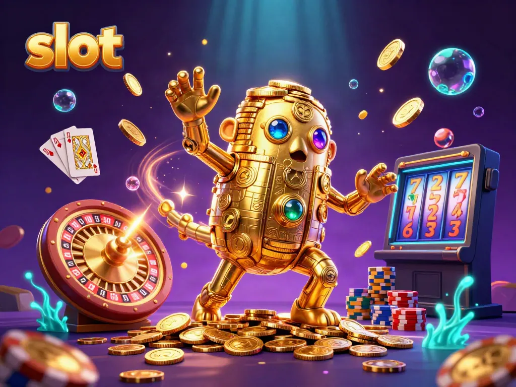 Spin the slot machine as gold coins cascade from a golden golem in this vibrant casino scene.