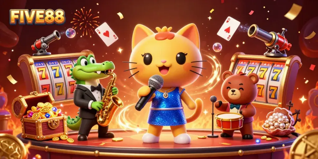 Engage with the vibrant atmosphere of FIVE88 as a jazz-singer cat performs at a lively casino.