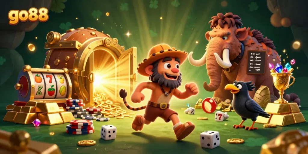 Experience the thrills of go88's prehistoric casino with a sabertooth tiger and caveman duo.