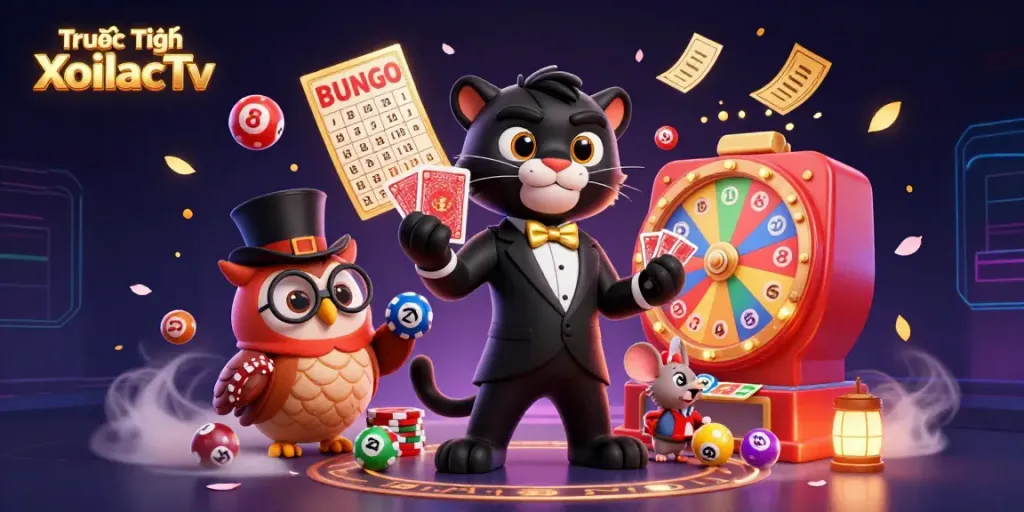 Engage in Trực Tiếp XoilacTv with a playful scene featuring a stylish cartoon panther, owl, and mouse amidst colorful lottery elements.