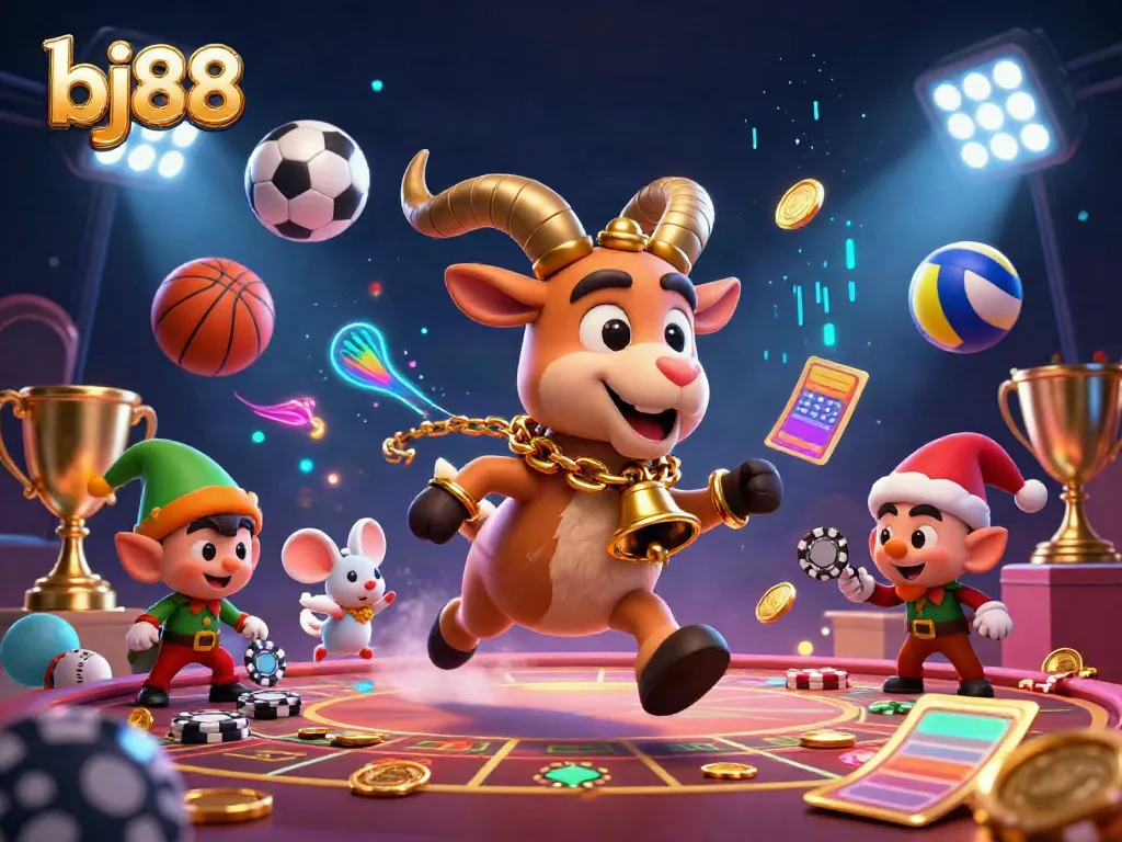 Engage with bj88 casino through a lively 3D scene featuring festive characters in a dynamic gambling atmosphere.