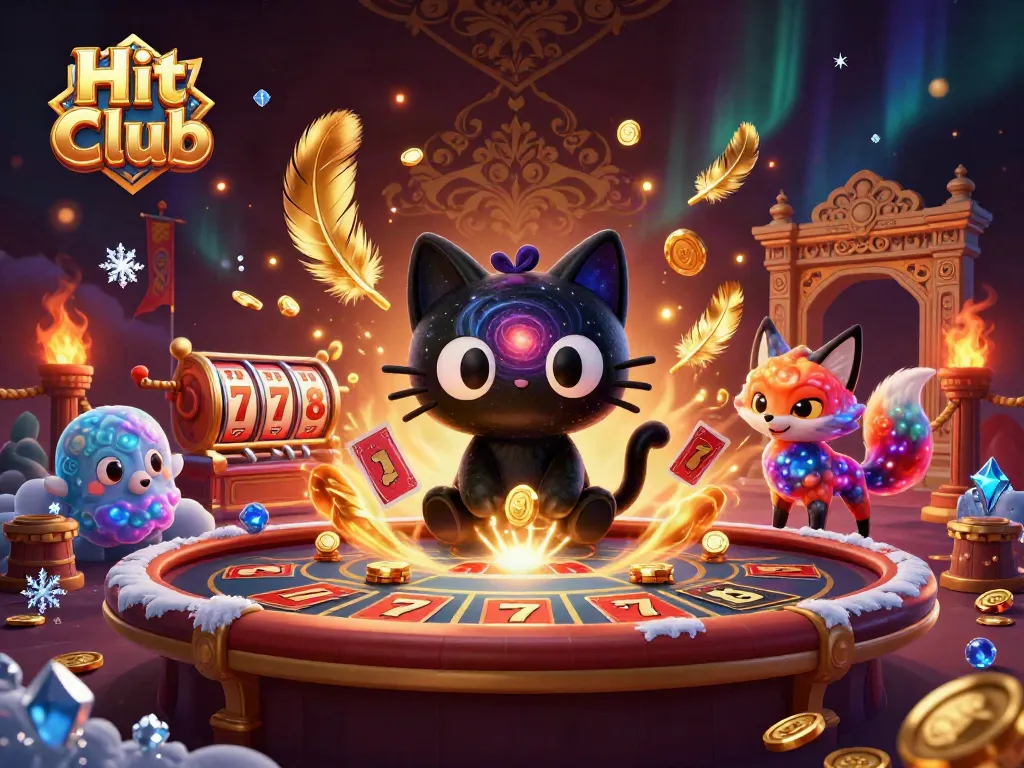 Hit Club's cosmic casino scene with a black hole cat and nebula fox attracting golden chips and cards.