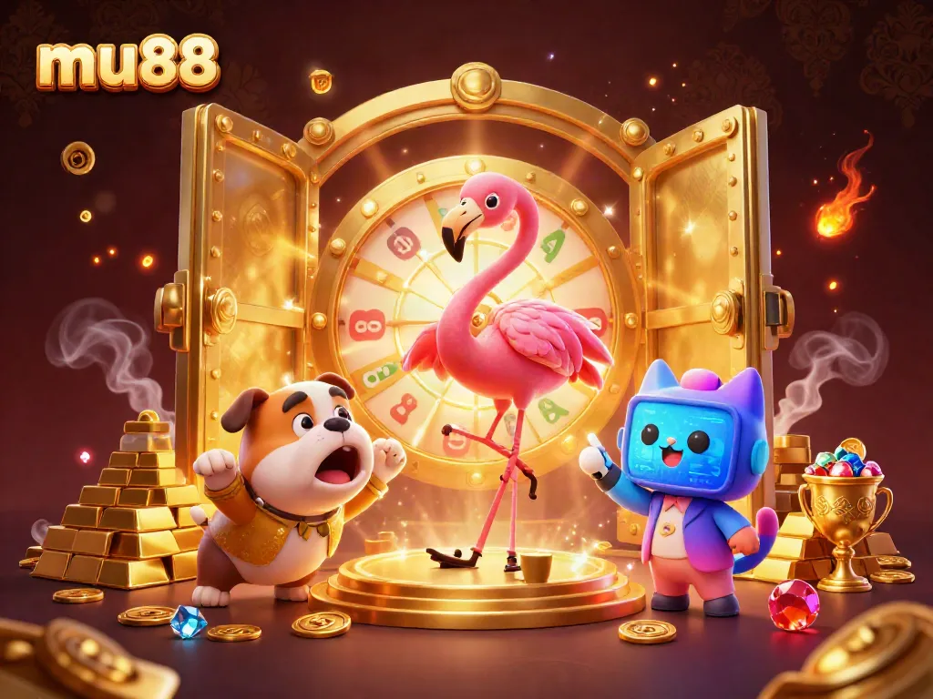 Engage in the excitement of Mu88, where animated characters celebrate big casino wins with treasure and prizes.