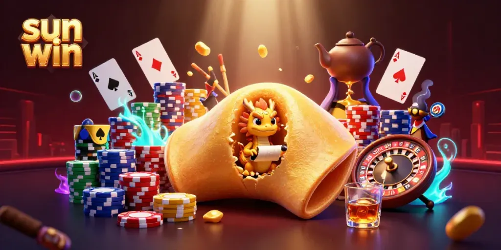 Experience sun win's thrilling atmosphere surrounded by fortune and gambling legends amid rich casino visuals.