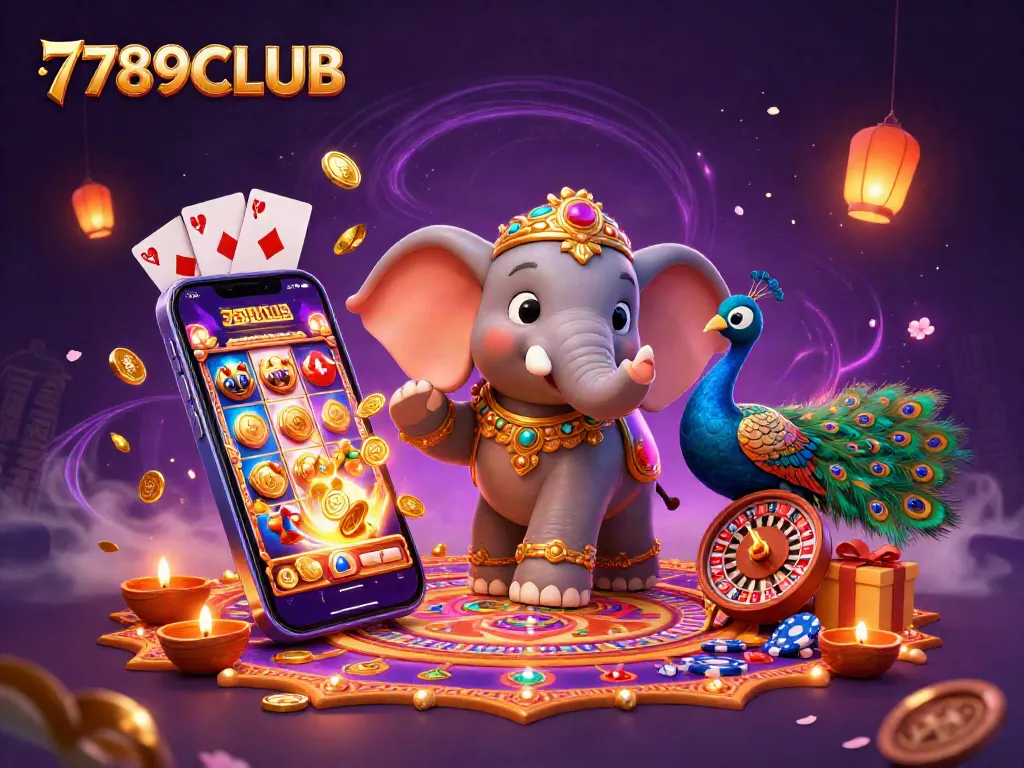 Engage with 789CLUB's thrilling gaming experience amidst a vibrant 3D scene filled with dynamic casino elements.