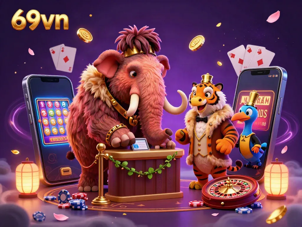 Experience thrilling gaming at 69vn, featuring a vibrant casino scene with unique characters and exciting game elements.