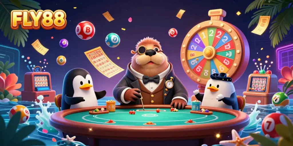 Experience FLY88's lively underwater casino atmosphere with cartoon characters and vibrant game elements.