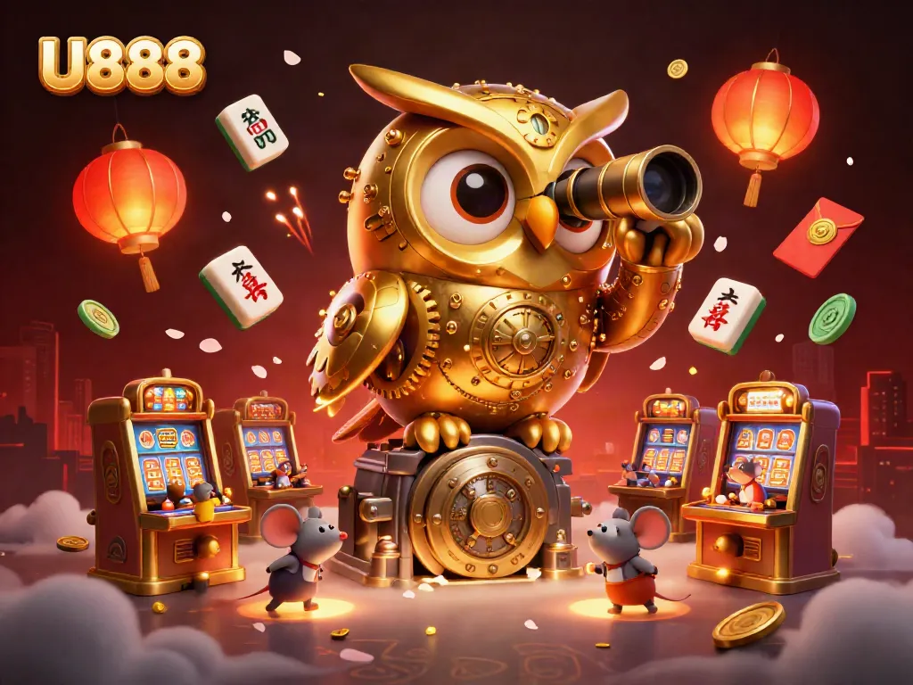 Experience the excitement of U888 with a captivating golden owl overseeing a vibrant casino scene.