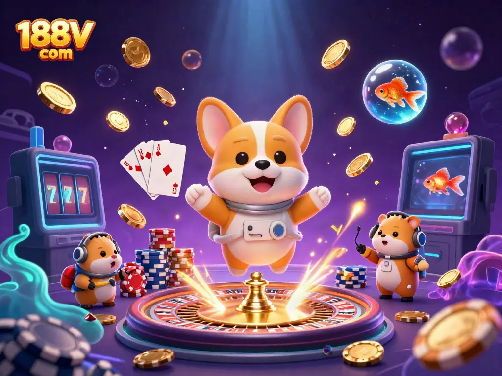 Experience thrilling gaming action at 188V com with a visually vibrant 3D casino scene.