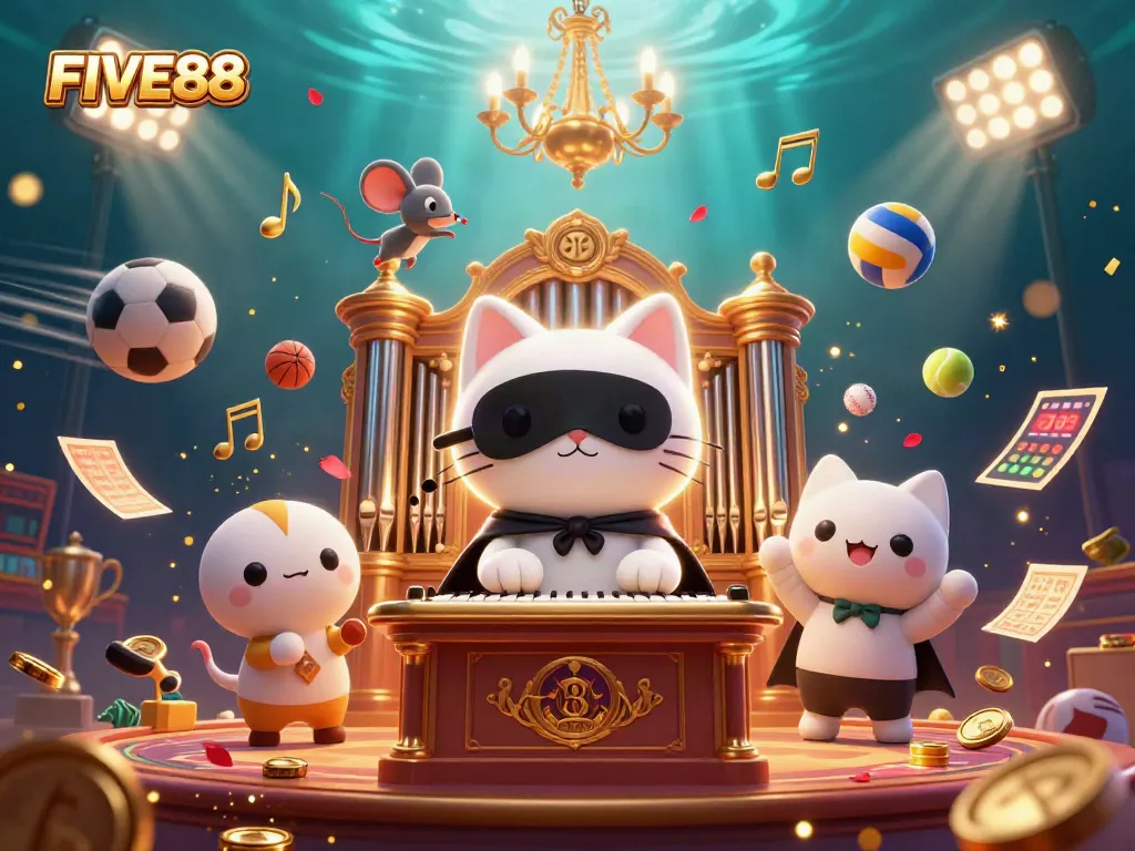 Engage with FIVE88's vibrant casino gaming world featuring unique characters and dynamic sports elements.