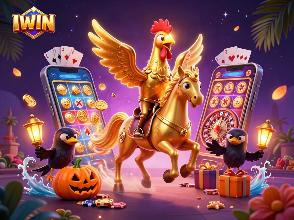 IWIN brings excitement to slots with a golden rooster riding a spectral horse surrounded by casino elements.
