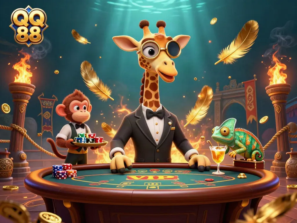 Engage in thrilling gameplay with QQ 88 as the giraffe high-roller and friends experience luxury casino action.