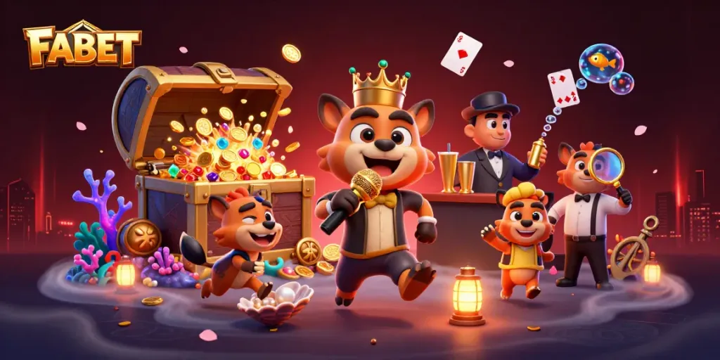 FABET showcases a lively casino scene with hyenas entertaining at a comedy club and casino games.