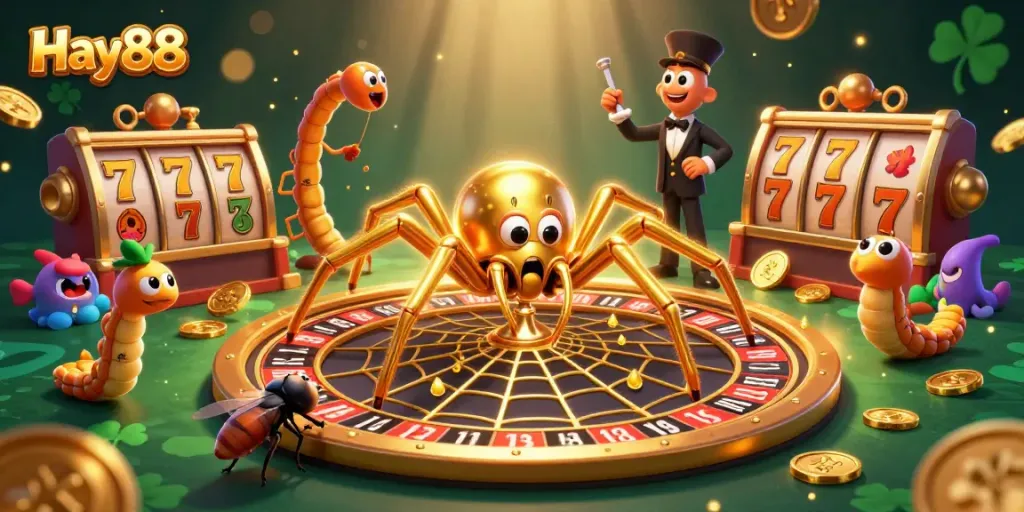 Bet on thrilling games with Hay88 in this vibrant 3D illustration of a spider-themed casino.
