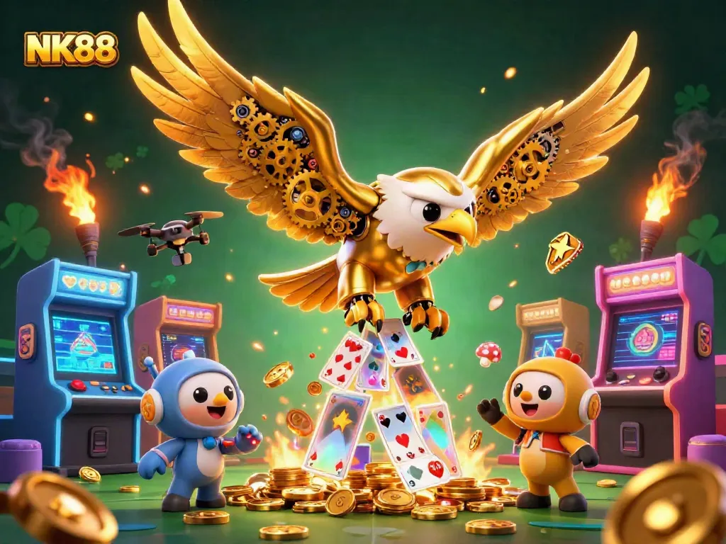 Experience thrilling wins with NK88 in a vibrant 3D casino setting full of action.