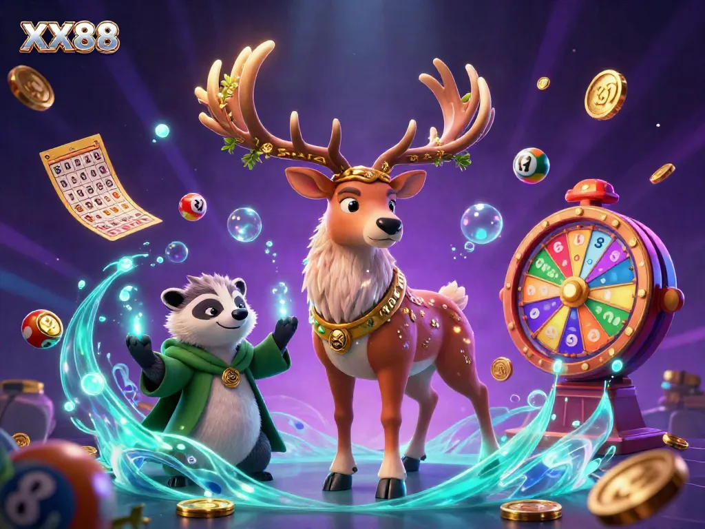 Experience the excitement of XX88 with a vibrant 3D casino scene featuring a Celtic druid stag, a wise badger, and energetic lottery elements.