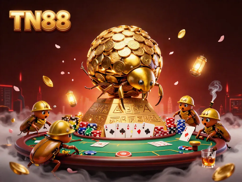 Experience the thrill of gambling with TN88 featuring a golden dung beetle and massive poker chips.