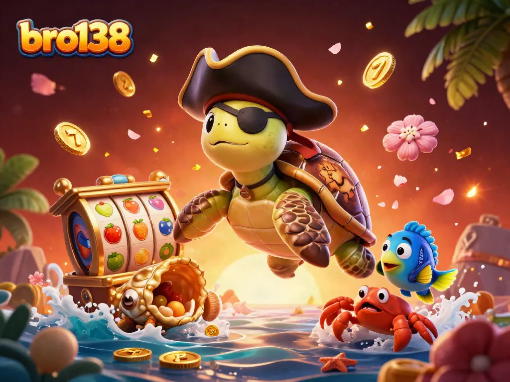 Experience excitement with bro138 through a vibrant 3D illustration of a pirate turtle and friends amidst dynamic slot game elements.