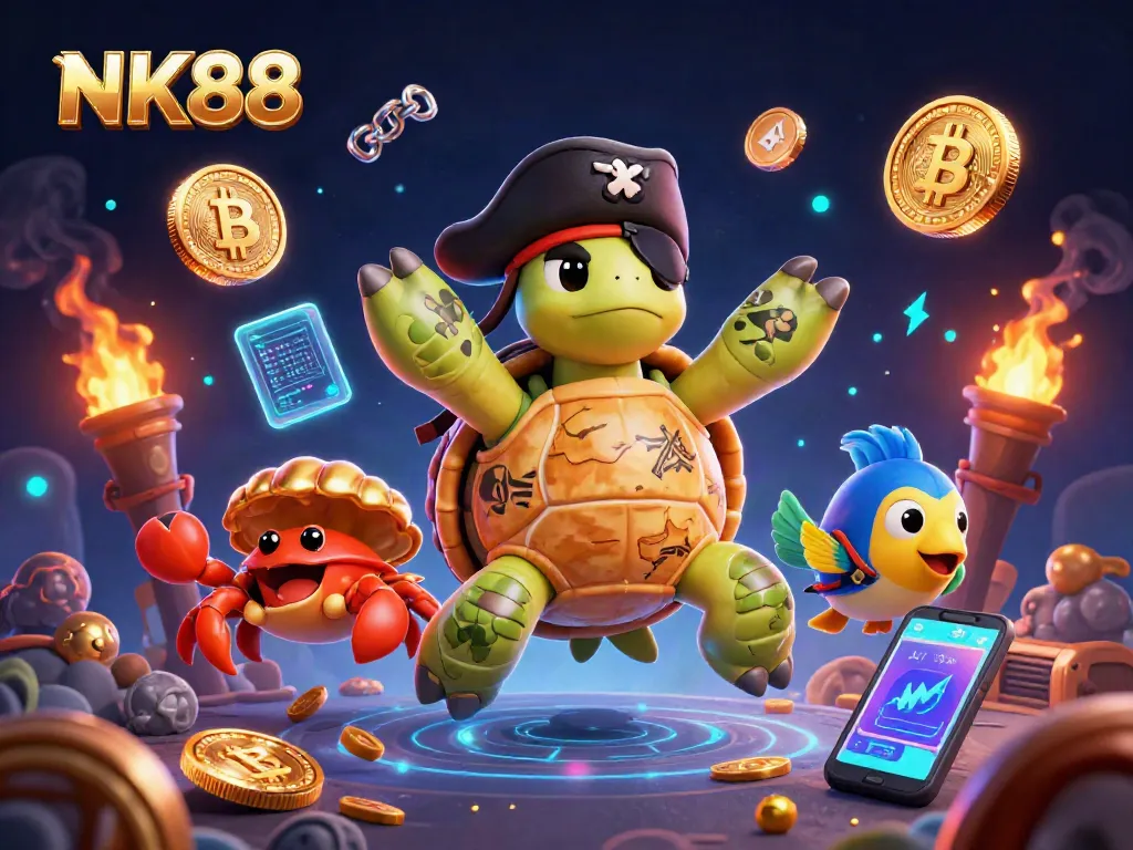 Engaging NK88 casino scene with pirate turtle and golden treasures, capturing vibrant digital gaming energy.