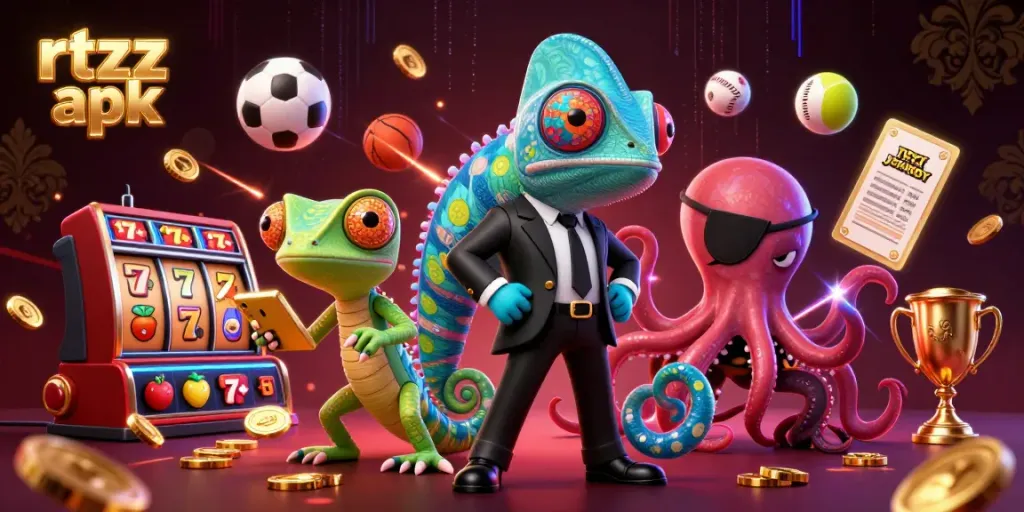 Engage with RTZZ APK in a dynamic 3D casino scene featuring a secret agent chameleon and vibrant game elements.