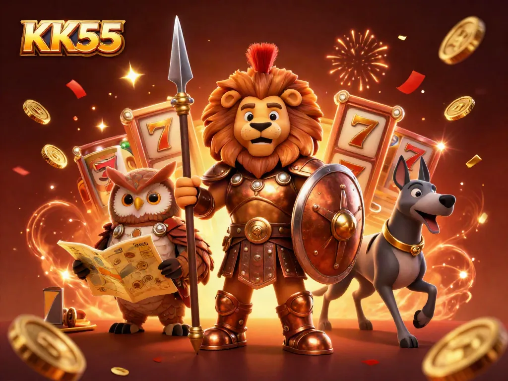 Engaging illustration of a heroic Spartan lion, strategic owl, and swift greyhound representing KK55's vibrant casino world.