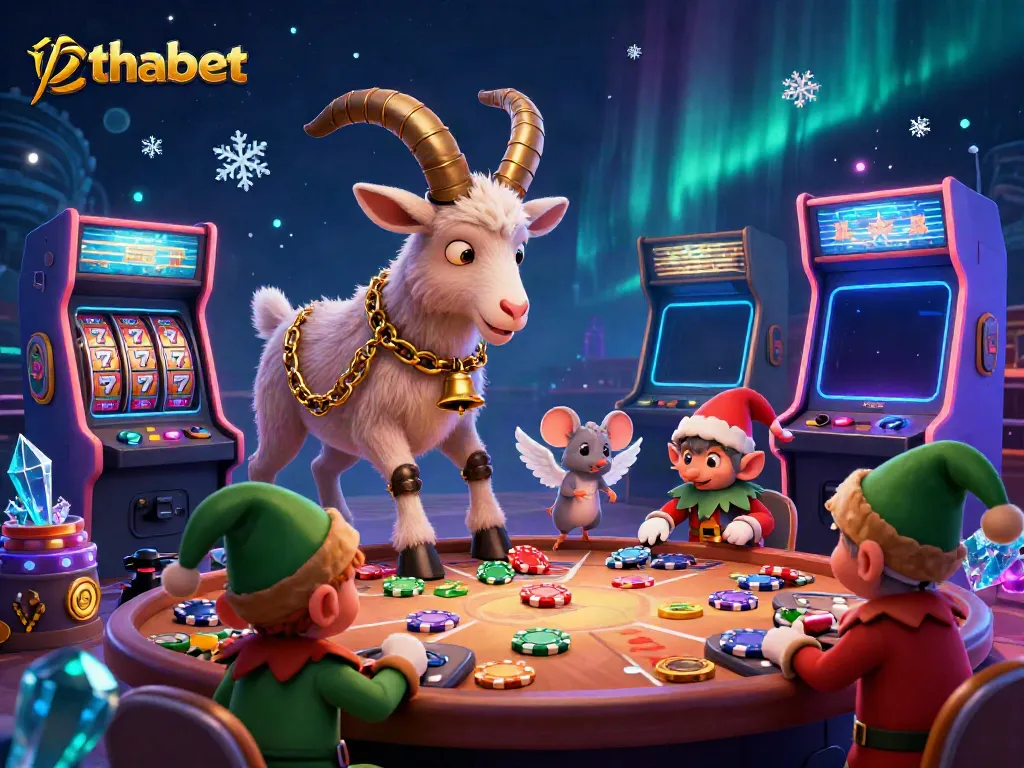 Engaging illustration showcasing thabet's festive casino environment with Krampus goat, angel mouse, and elf gremlins in action.