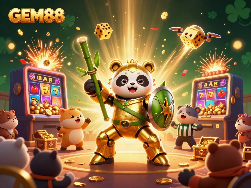 Experience exciting gameplay at GEM88 with a golden panda in a dynamic casino environment showcasing slot machines and thrilling action.